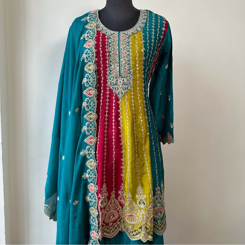 Teal Anarkali Palazzo Set w/ Dupatta | Embroidered Zari Ethnic - Picture 6 of 16